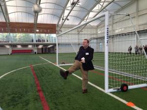 In an astonishing feat of athleticism, Lord actually makes contact with the ball in his first ever attempt at a goal kick. St George's Park. November 2013