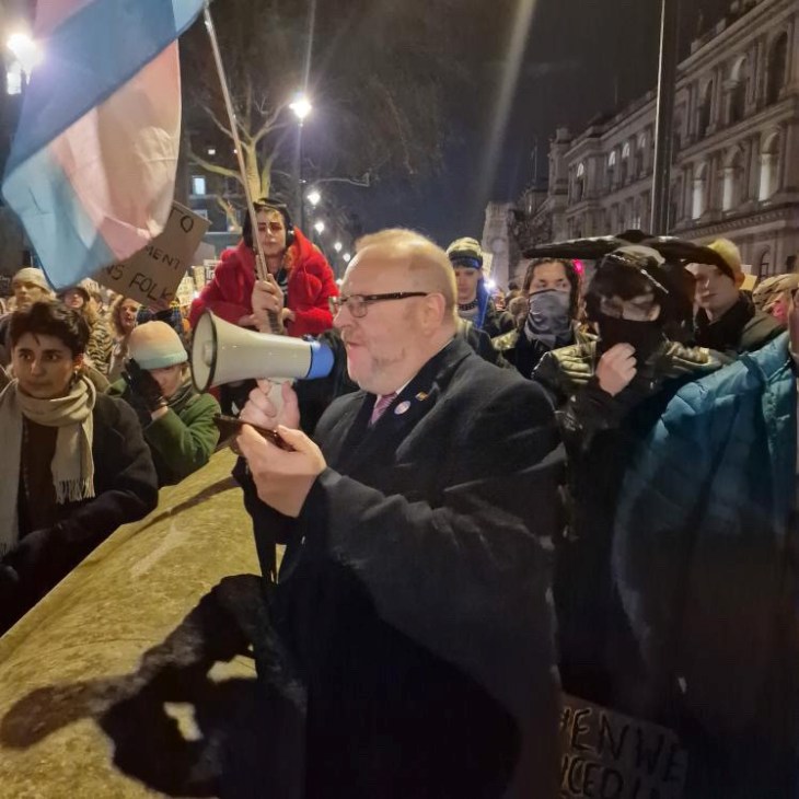 CEL speaking at a trans rights protest in Whitehall